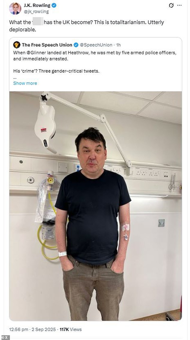 The Free Speech Union post on social media after Linehan's arrest, which was retweeted by JK Rowling. He claims he had to go to a hospital (pictured) because he was so stressed