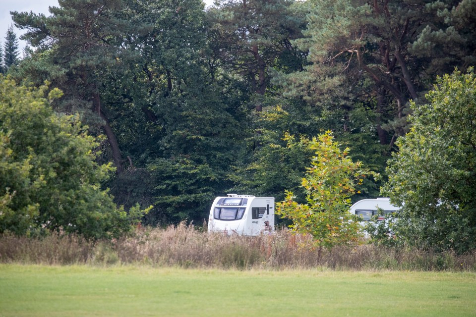 Caravans parked in a wooded area of Elburn Park.