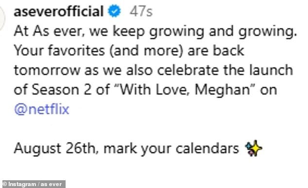 The message was accompanied by a glossy snap of Prince Harry's wife, 44, with no face visible in the frame, watering some greenery as she wears jeans and a button-up shirt