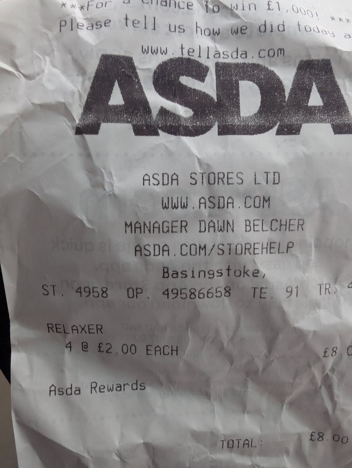 ASDA receipt showing purchase of four relaxers at £2 each.