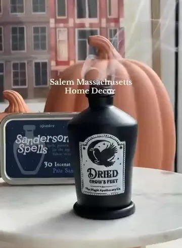 Salem, Massachusetts home decor featuring incense and a "Dried Crow's Feet" bottle.