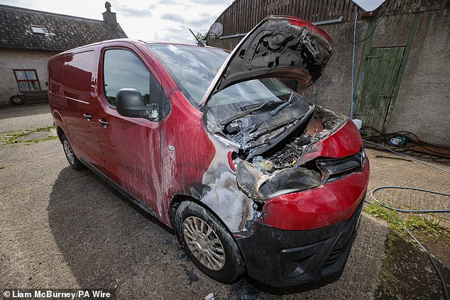 One of the vehicles which was set on fire in Ballymena, Co Antrim on Sunday and destroyed