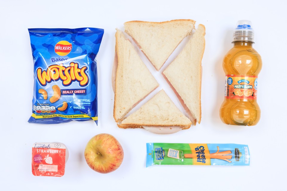 Packed lunch: sandwich, chips, apple, yogurt, cheese sticks, and juice.