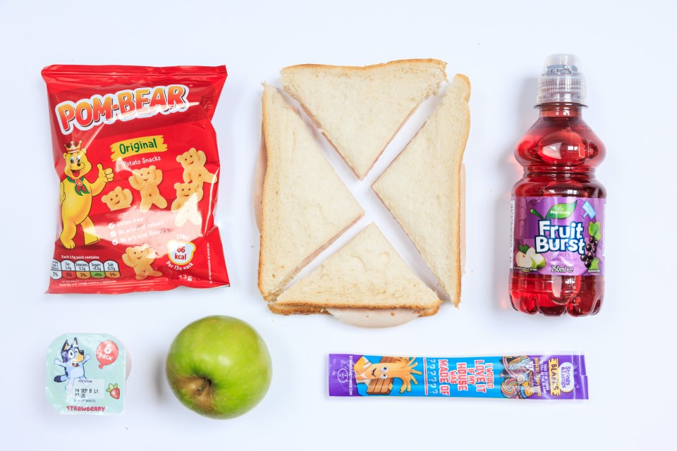 Packed lunch containing sandwich, Pom-Bear snacks, apple, yogurt, juice, and string cheese.