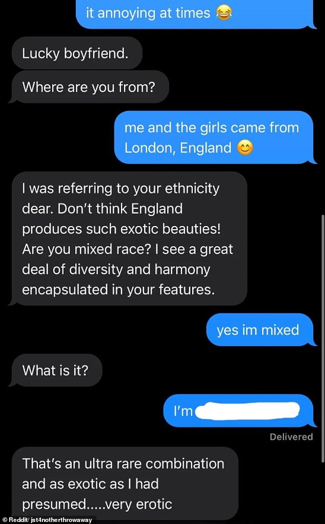 The exchange started innocently enough when the host texted her to express how good-looking he thought she was - but his messages quickly turned sinister