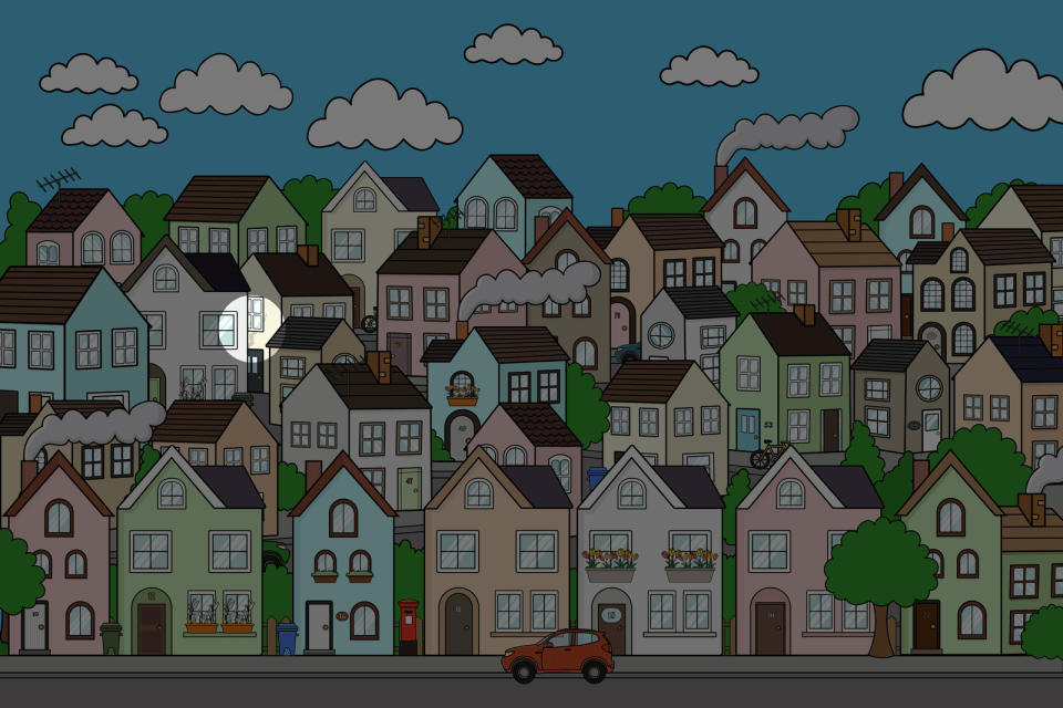 Illustration of a neighborhood at night.