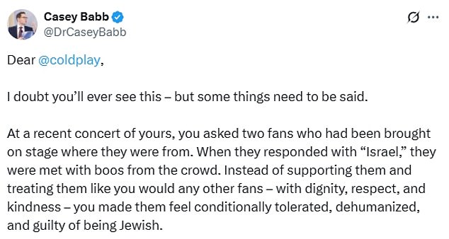 Martin's apparent awkward attempts at promoting unity were met with anger from Jewish figures on social media