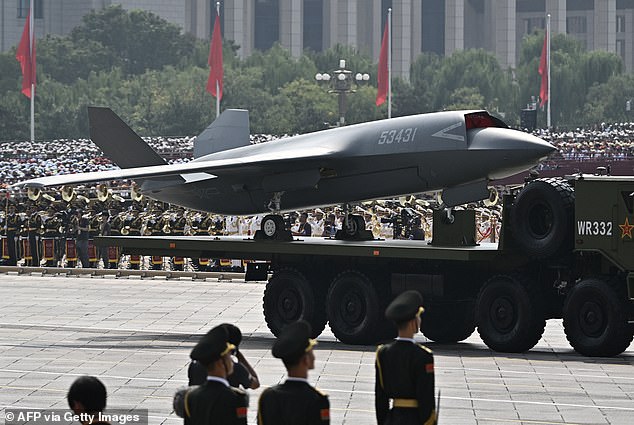 An unmanned aerial vehicle is seen during a military parade marking the 80th anniversary of victory over Japan and the end of World War II, in Beijing's Tiananmen Square on September 3, 2025