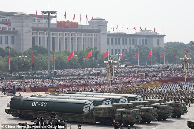 China's liquid-fueled intercontinental strategic nuclear missiles DongFeng-5C, which have a global strike range, pass through Tian'anmen Square during the V-Day military parade on September 3, 2025 in Beijing