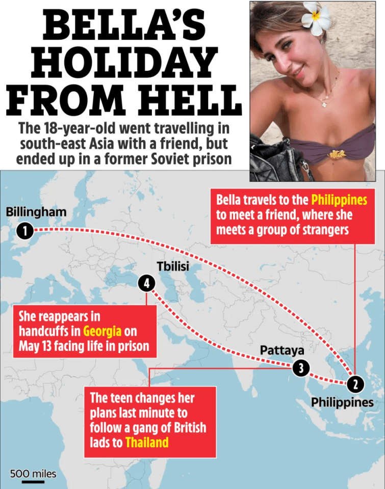 Illustration of Bella's journey from the UK to Southeast Asia, ending in a Georgian prison.