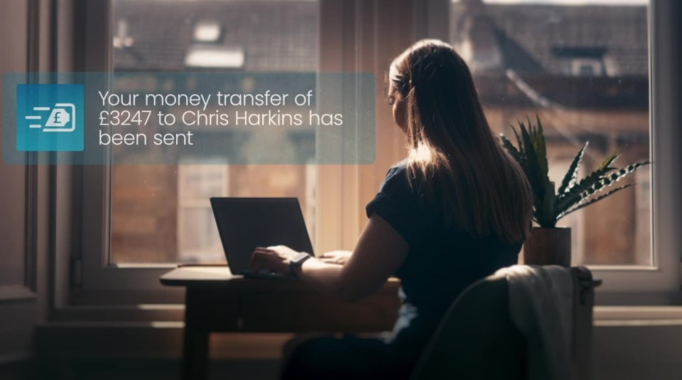 Woman at laptop, confirming £3247 money transfer to Chris Harkins.