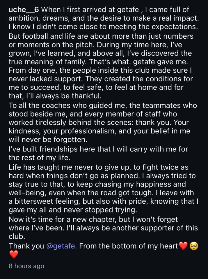 Screenshot of a heartfelt farewell message to Getafe.