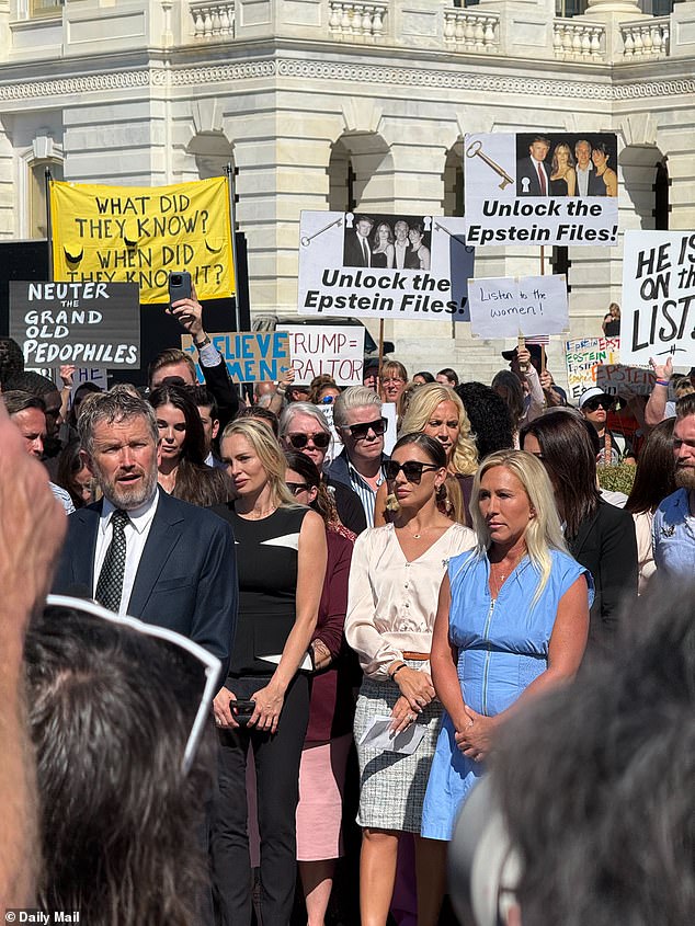 Kentucky Republican Rep. Thomas Massie, R, speaks at the press conference as Epstein survivors and Georgia Republican Rep. Marjorie Taylor Greene watch