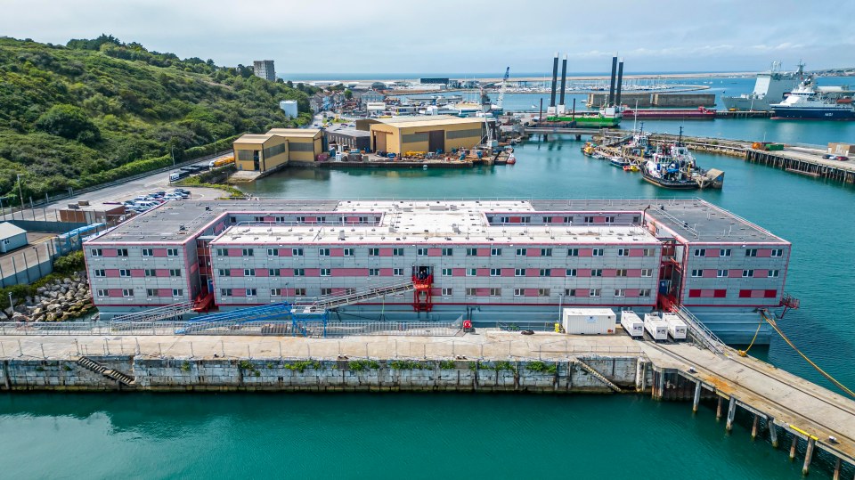 Aerial view of the Bibby Stockholm barge in Portland, Dorset.
