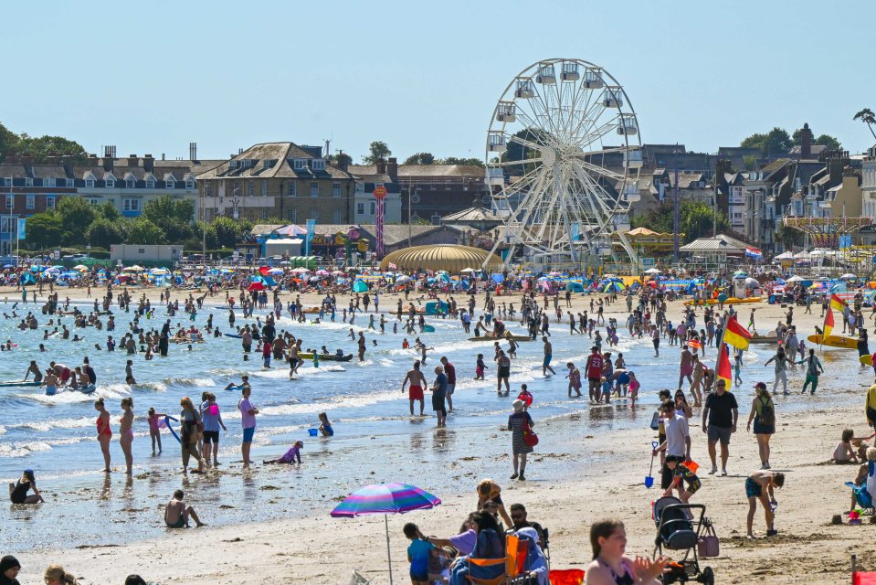 Crowded beach with Ferris wheel in background.