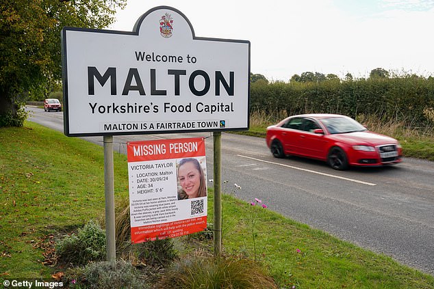 A missing person poster is displayed on the approach to Malton as North Yorkshire Police continue to search for 34-year-old Victoria Taylor on October 06