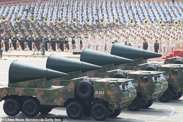 China's liquid-fueled intercontinental strategic nuclear missiles DongFeng-5C, which have a global strike range, pass through Tian'anmen Square during the V-Day military parade on September 3, 2025 in Beijing, China