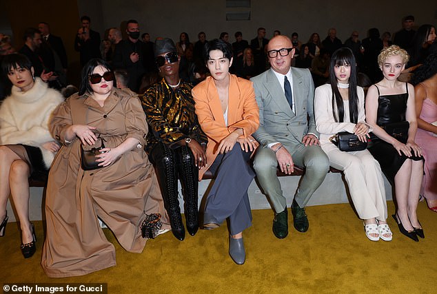 Chris Lee, Beth Ditto, Jodie Turner-Smith, Xiao Zhan, Marco Bizzarri and Julia Garner attend the Gucci show during Milan Fashion Week in 2023