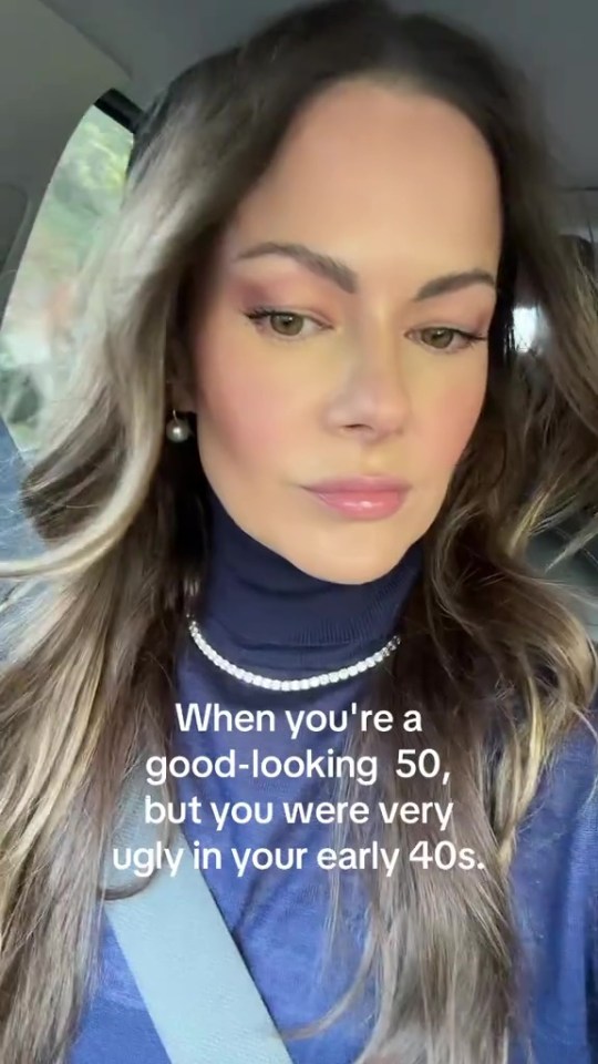 Woman in her 50s, wearing a turtleneck and necklace, with text overlay: "When you're a good-looking 50, but you were very ugly in your early 40s."