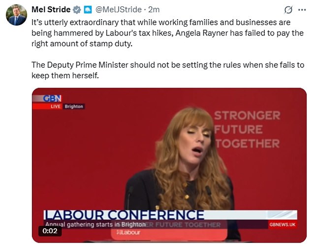 Tory shadow chancellor Sir Mel Stride said it was 'utterly extraordinary' that Ms Rayner had failed to pay enough tax on her property purchase