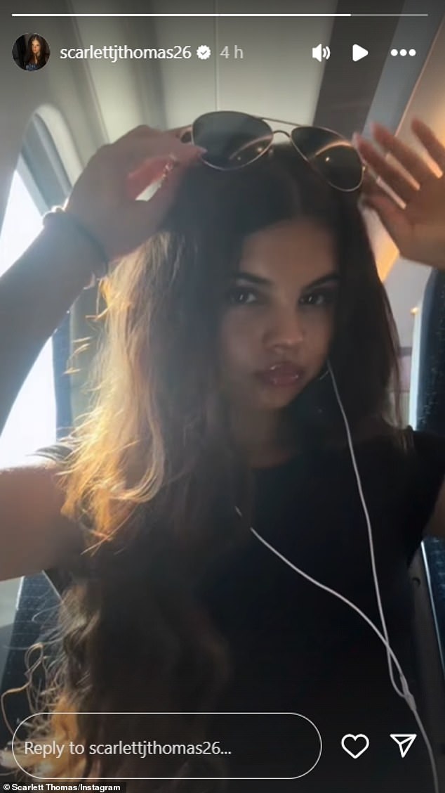 After completing her daytime look, the actress took her long brunette tresses out of two braids while listening to music on the train