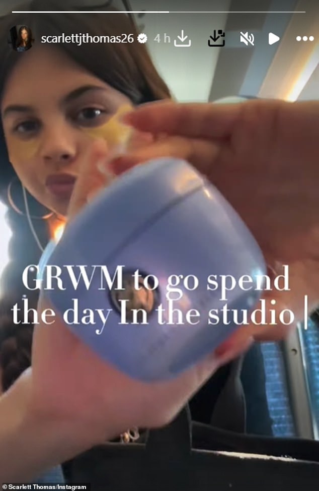 The teenager cut a casual figure in a black T-shirt as she applied her £97 Tatcha moisturiser to her face before adding foundation, concealer and Gisou lip oil