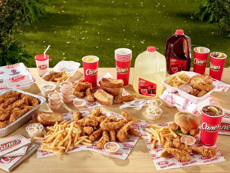 Raising Cane's chicken finger meal with sides and drinks.