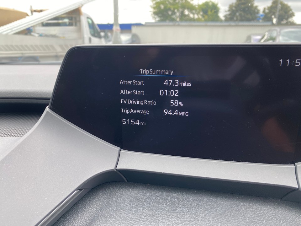 Toyota Prius trip summary: 47.3 miles, 1 hour 2 minutes, 58% EV driving, 94.4 MPG, 5154 miles total.