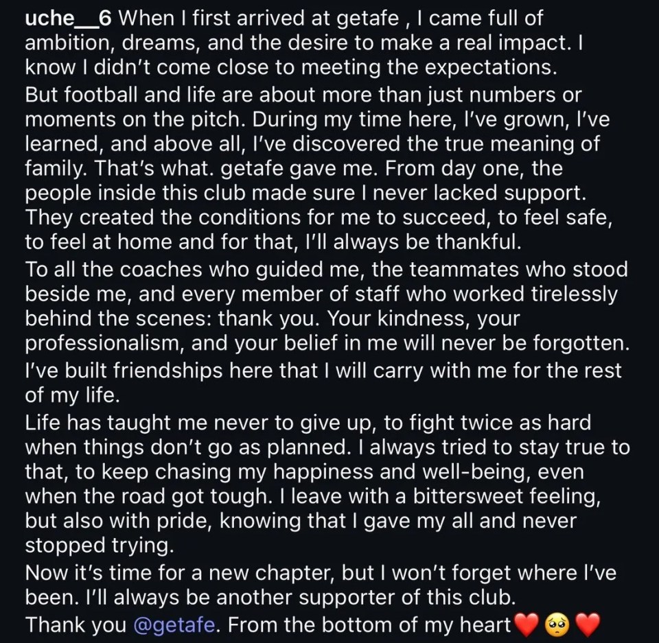 Instagram post: Footballer's farewell message to Getafe fans.