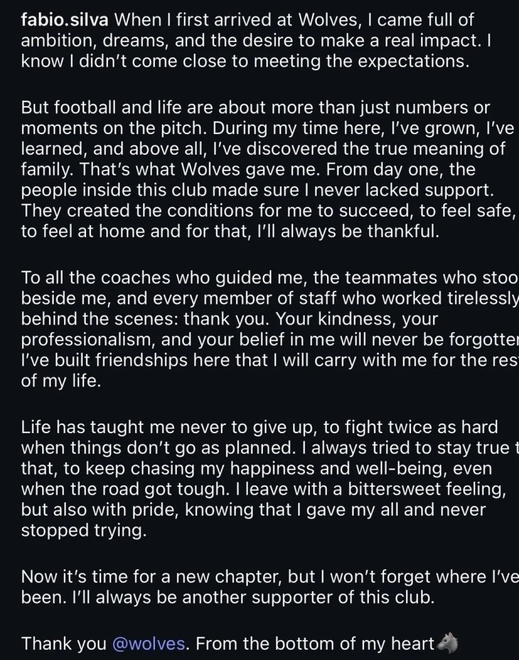 Screenshot of a soccer player’s Instagram post thanking Wolves Football Club.