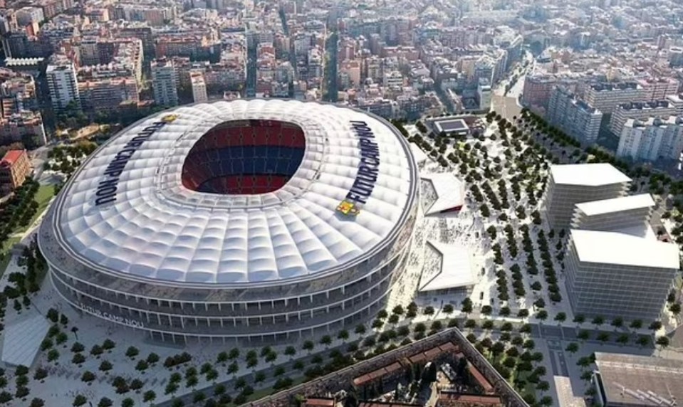 an aerial view of a stadium that says ' fc barcelona ' on it