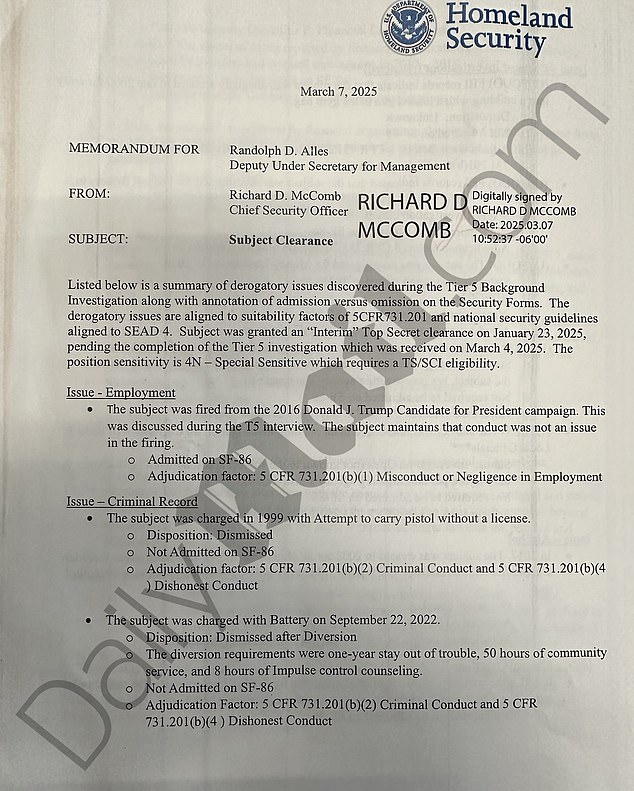 On March 7th, 2025, DHS chief security officer Richard McComb authored a memo telling his superiors that Corey Lewandowski was reported for receiving a $50,000 payment from the Ministry of Foreign Affairs in China