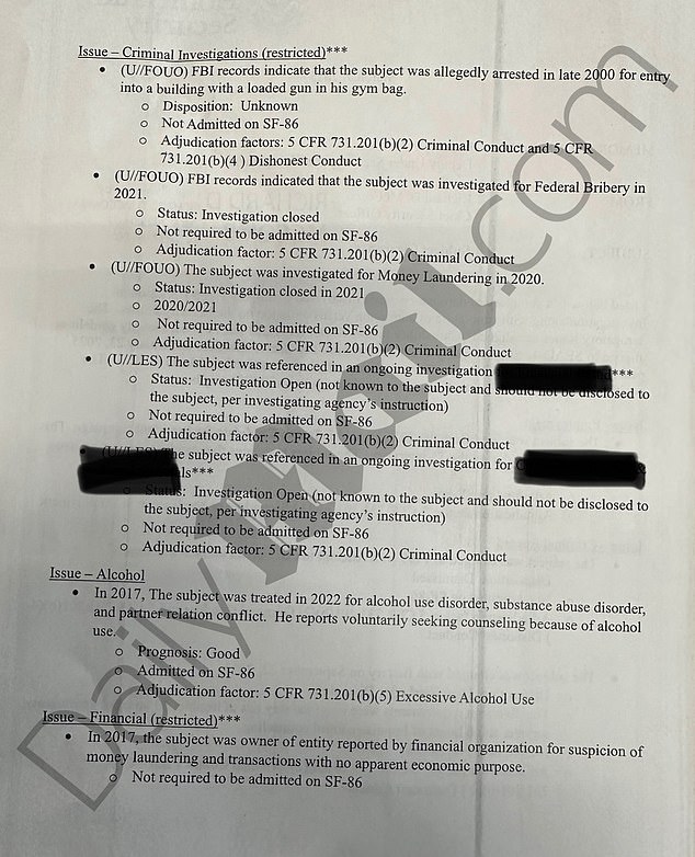 Lewandowski wanted to be granted the highest level of security clearance in the country but McComb memo details several glaring red flags, including his connections to foreign governments and struggles with substance abuse
