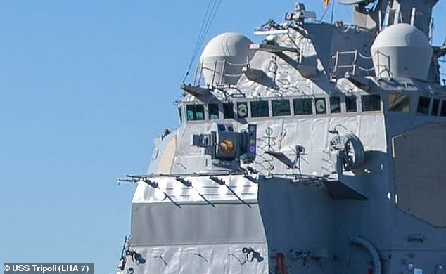 HELIOS aboard the USS Preble in San Diego last year. It is a 60-kilowatt-class weapon that can burn drones out of the sky and also blind enemy sensors