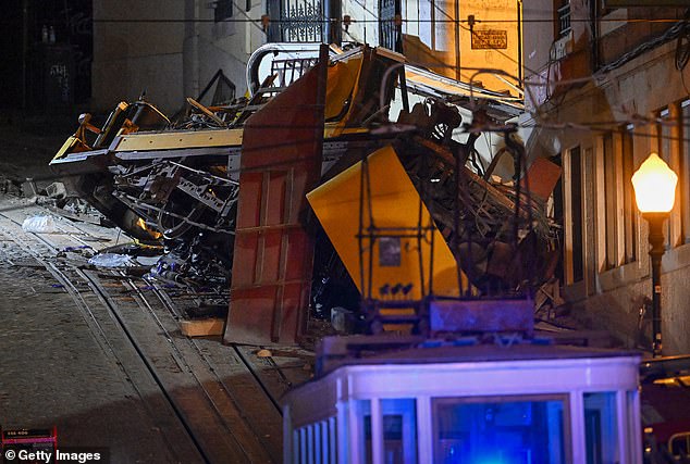 The remains of the wrecked Gloria funicular lie at derail site on September 03, 2025 in Lisbon
