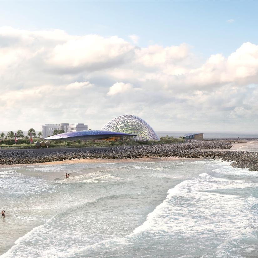 Illustration of a coastal building complex with a geodesic dome.