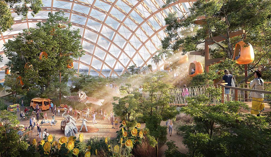 Illustration of Eden Project Morecambe's interior, showing a large glass dome filled with plants, walkways, and people.