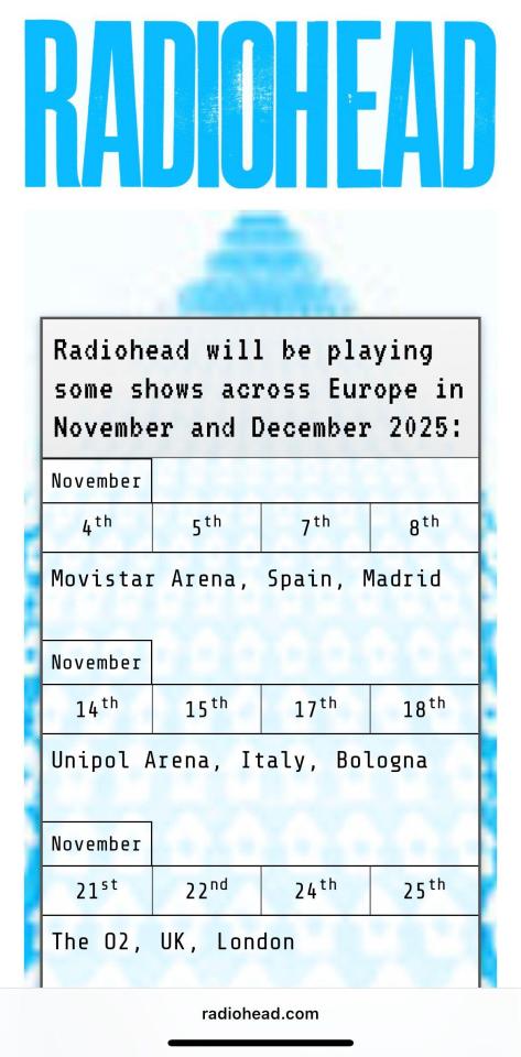 Radiohead 2025 European tour dates.