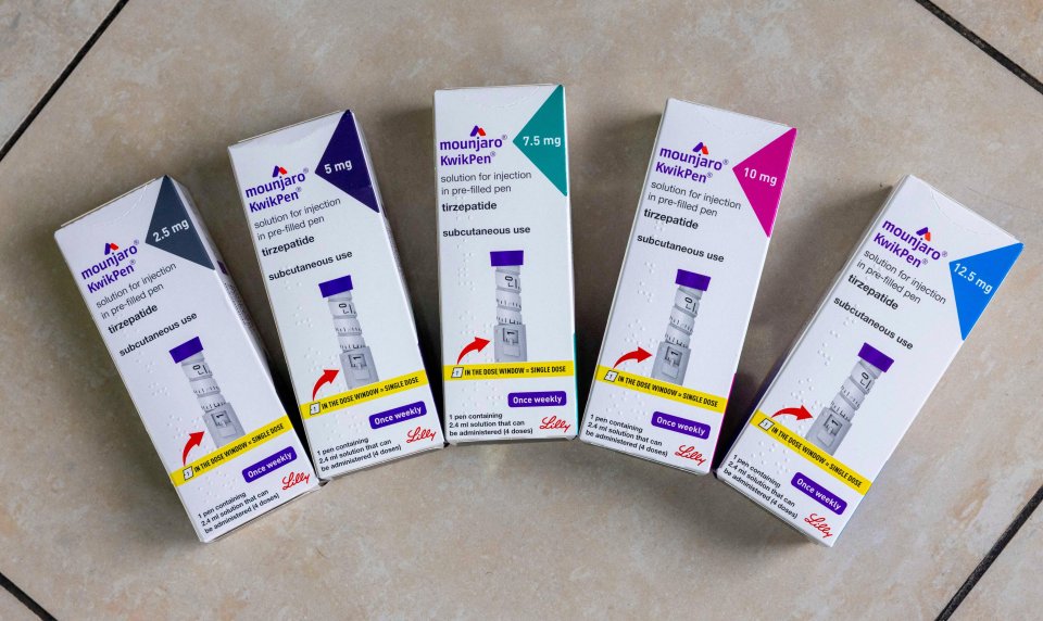 Mounjaro KwikPen boxes of varying dosages.
