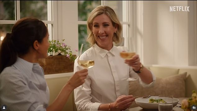 Meghan enjoys some wine with Clare Smyth. The chef was in charge of the menu at the royal wedding reception when she married Harry in 2018