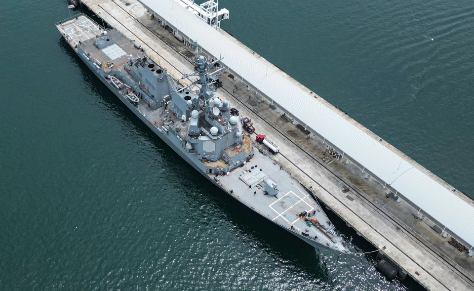 Aerial view of the USS Sampson docked in Panama City.