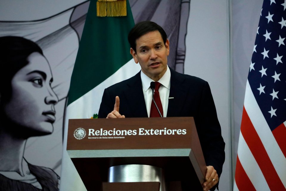 Secretary of State Marco Rubio addressing the press in Mexico City.
