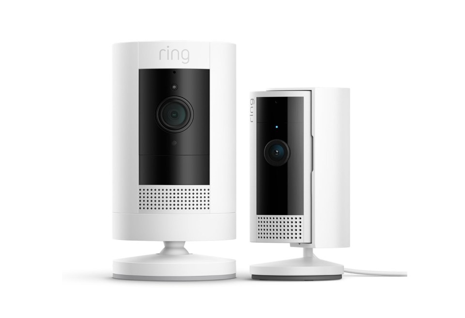 Two Ring indoor security cameras, one larger than the other.