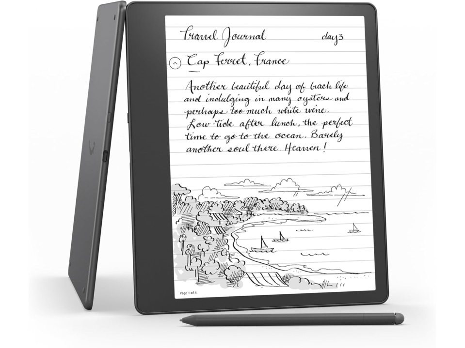 E-reader displaying handwritten journal entry about a day at Cap Ferret, France.
