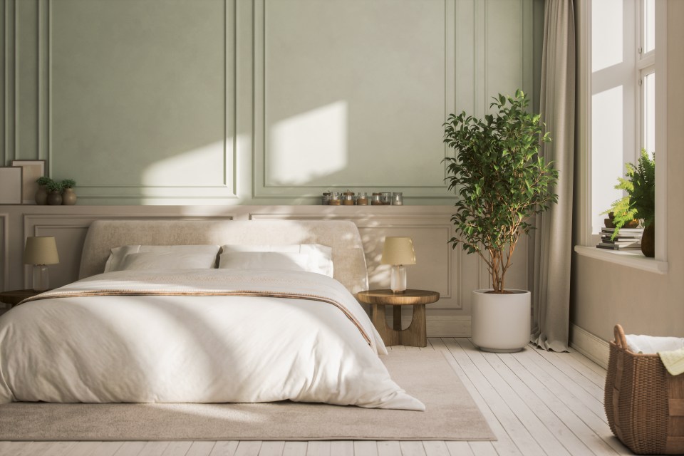 Pastel-toned modern bedroom interior.