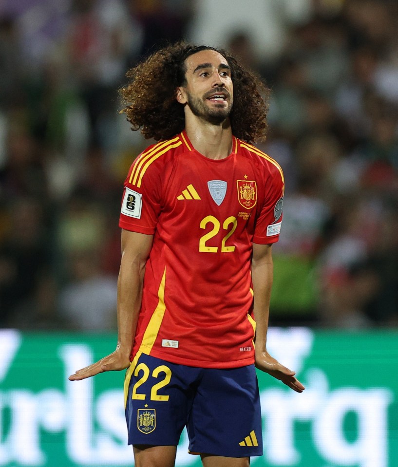 Marc Cucurella of Spain celebrates scoring a goal.