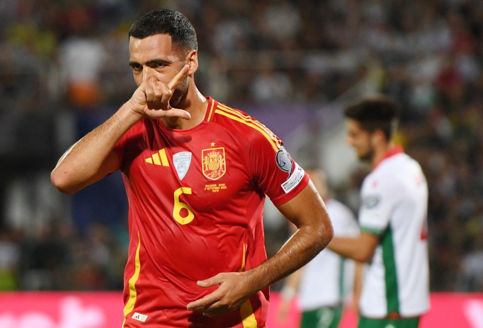 Mikel Merino of Spain celebrates a goal.
