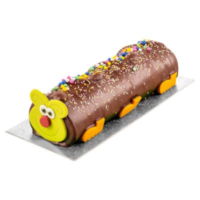 Chocolate caterpillar cake with sprinkles.