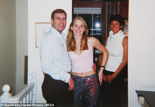 Prince Andrew smiling as he stands with his left arm around the waist of a young Virginia Roberts (now Virginia Giuffre). It is alleged to have been taken in early 2001. Ghislaine Maxwell stands behind. Prince Andrew has denied allegations he abused Giuffre and said he has no recollection of ever meeting her