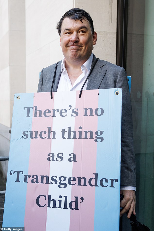 The television comedy writer, 57, denies harassing trans woman Sophia Brooks, 18, in a series of posts last year, which she said left her 'alarmed and distressed'. Pictured: Linehan with a placard outside Westminster Magistrates Court